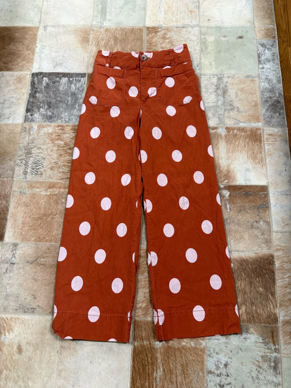 Maeve Colette Rust Orange Wide-Leg Cropped Pants with Pink Polka Dots